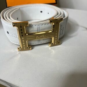White Leather Belt with Gold H Buckle